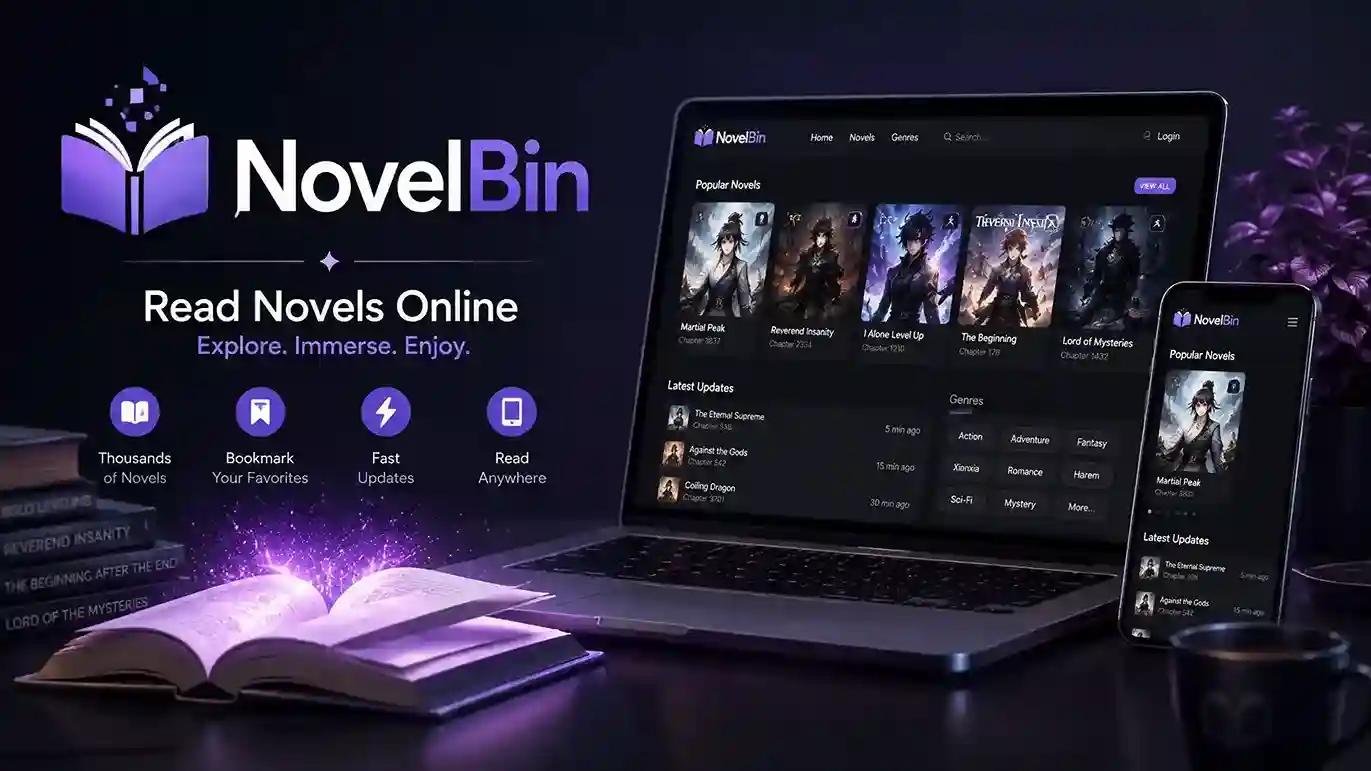 NovelBin homepage displaying a grid of popular free web novels including Shadow Slave and Paragon of Sin on a dark-themed reading interface