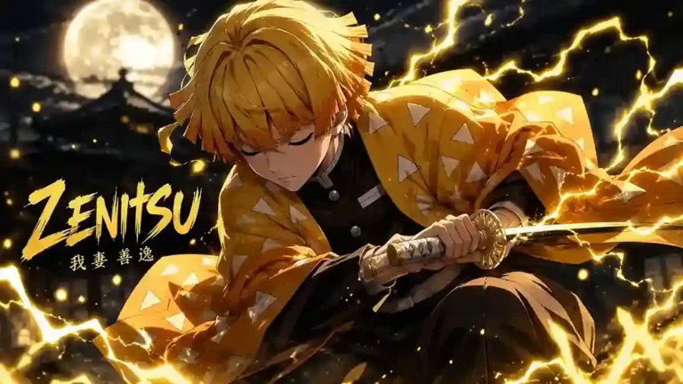 Zenitsu Agatsuma unleashing Thunderclap and Flash with yellow lightning in Demon Slayer