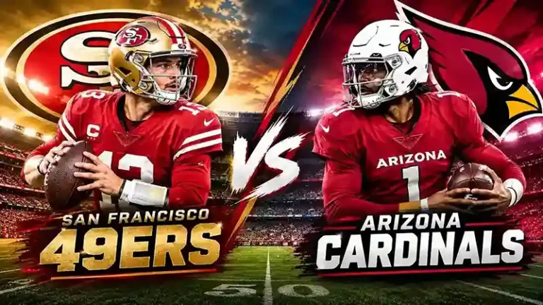 Split-screen feature image showing Brock Purdy and Christian McCaffrey next to Jacoby Brissett and Trey McBride, with the 49ers vs Arizona Cardinals match player stats and final score 41-22.