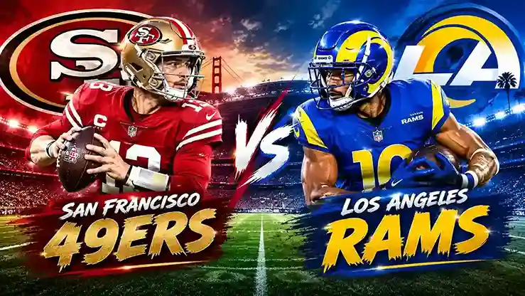 Infographic of 49ers vs Los Angeles Rams match player stats showing top passers, rushers, and receivers from the 2025 series.