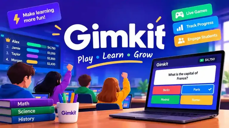 Teacher hosting a Gimkit live game in a classroom with students joining via laptop and a visible join code on the screen