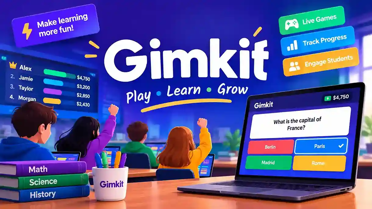 Teacher hosting a Gimkit live game in a classroom with students joining via laptop and a visible join code on the screen