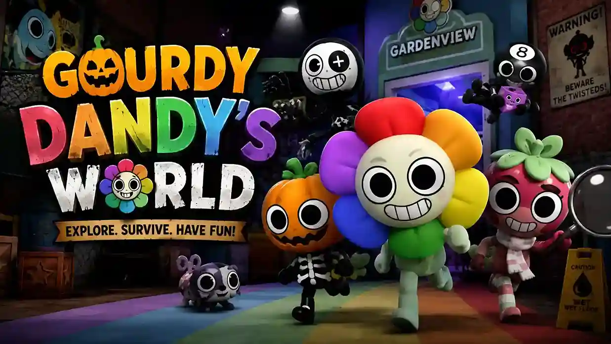 Gourdy character standing in a pumpkin-themed map in Dandy’s World, showing how to unlock the rare seasonal Toon.