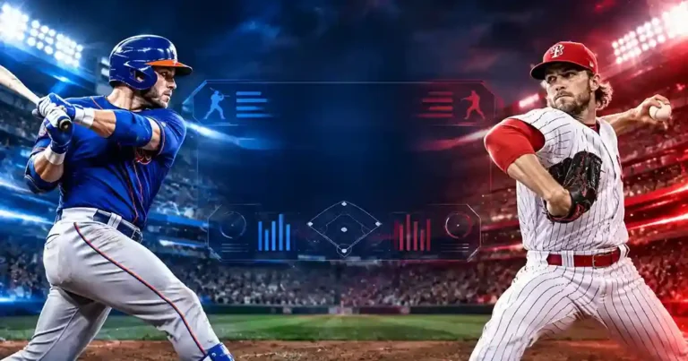 Mets and Phillies players face off with a stats overlay showing head-to-head match player stats.