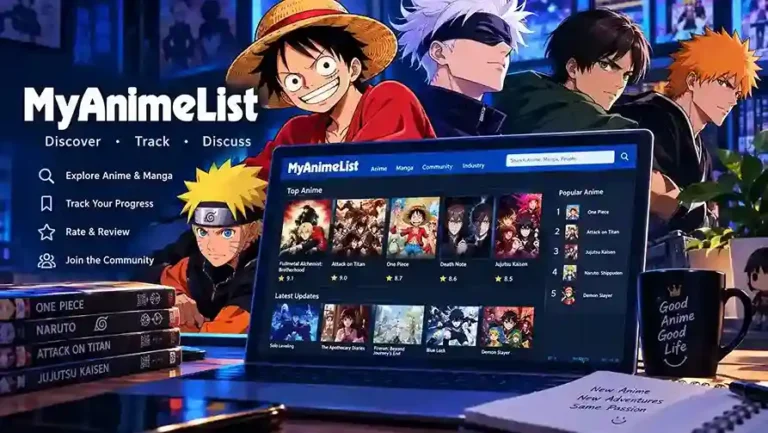 MyAnimeList dashboard showing anime tracking lists, star ratings, and user profile organization on desktop and mobile.