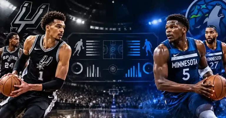 Victor Wembanyama and Anthony Edwards face off during a San Antonio Spurs vs Timberwolves game, with player stats displayed.