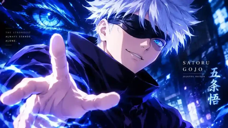 Satoru Gojo using Limitless with glowing Six Eyes and white hair in Jujutsu Kaisen
