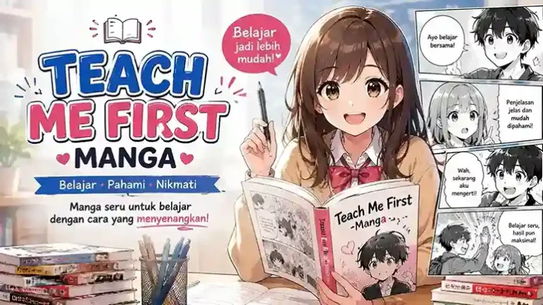 Digital illustration of the Teach Me First manga displayed on a smartphone screen with the official Honeytoon app logo visible.
