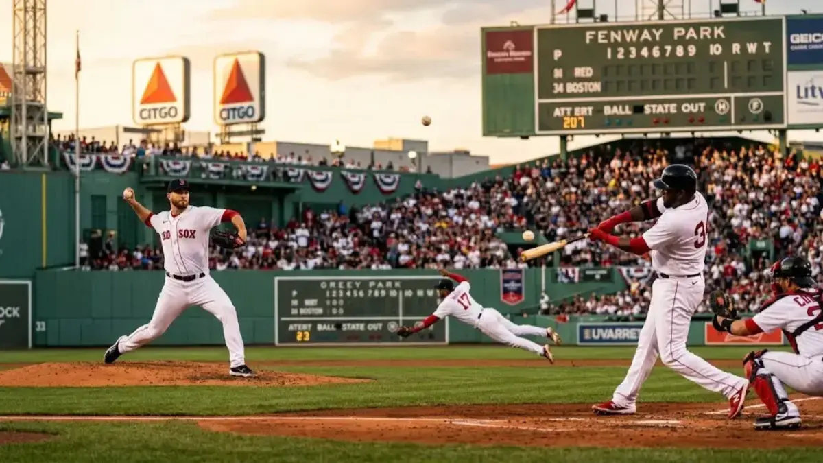 Boston Red Sox players in action at Fenway Park during 2026 season with batter, fielder, and pitcher in frame