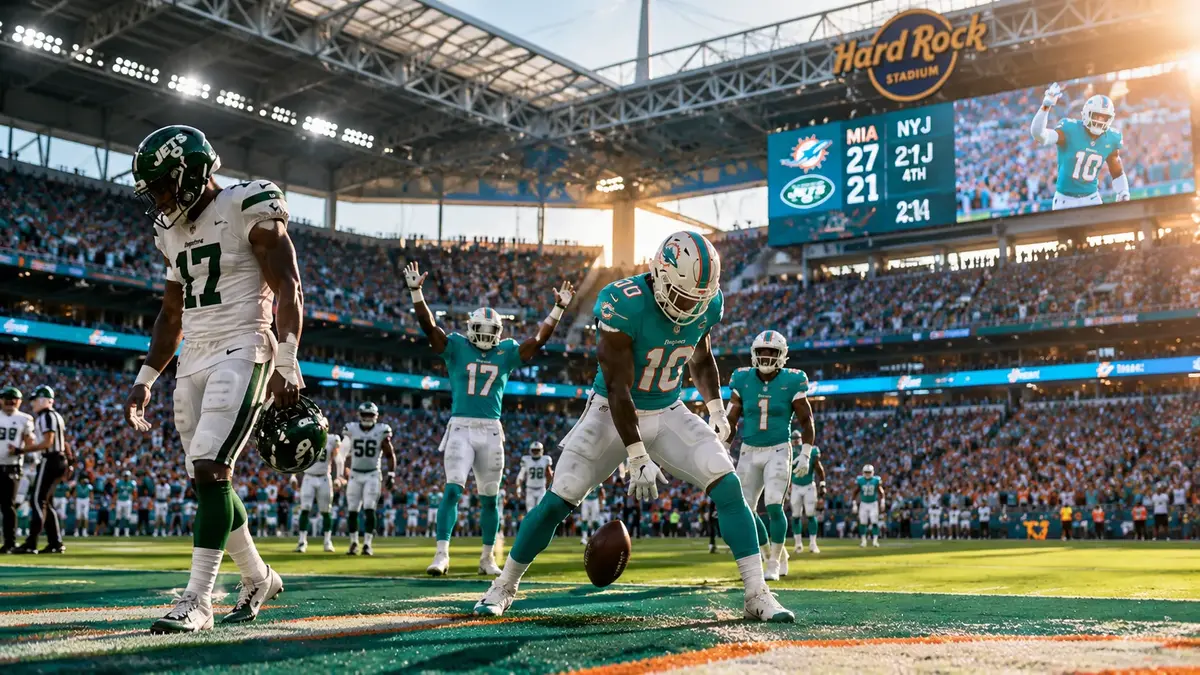 Miami Dolphins players celebrate a red-zone touchdown against the New York Jets at Hard Rock Stadium in a 27-21 NFL victory
