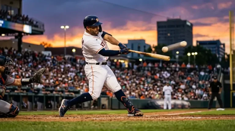 MLB scores today showing Houston Astros batter swinging at pitch during 6-3 victory over Oakland Athletics with player stats visible in stadium background