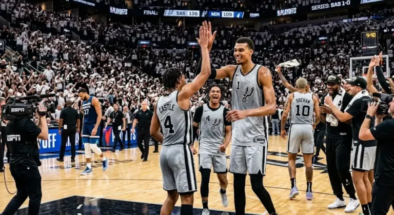 San Antonio Spurs players celebrating 139-109 Game 6 playoff victory over Minnesota Timberwolves at Target Center