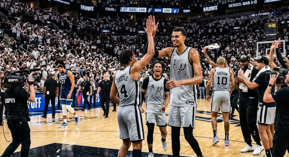 San Antonio Spurs players celebrating 139-109 Game 6 playoff victory over Minnesota Timberwolves at Target Center