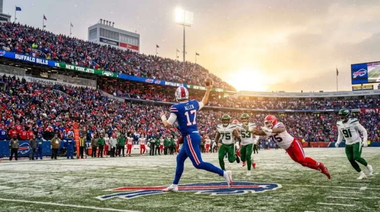 Buffalo Bills vs New York Jets NFL game action at Highmark Stadium showing quarterback throwing under stadium lights