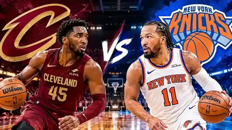 Cleveland Cavaliers and New York Knicks players battling for a rebound during Game 4 of the 2026 Eastern Conference Finals.