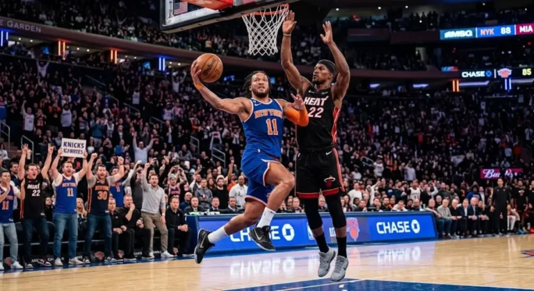knicks vs miami heat match player stats showing Jalen Brunson driving to the basket at Madison Square Garden during the 112-98 Knicks victory