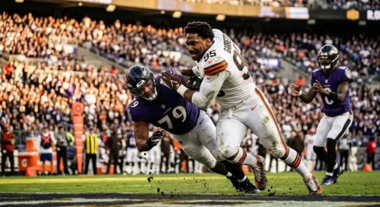 Myles Garrett of the Cleveland Browns recording a sack against the Baltimore Ravens during their Week 11 matchup at Huntington Bank Field