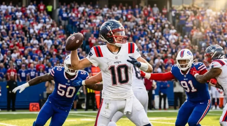 Buffalo Bills vs New England Patriots match player stats featured image showing Patriots QB Drake Maye throwing under pressure at Highmark Stadium