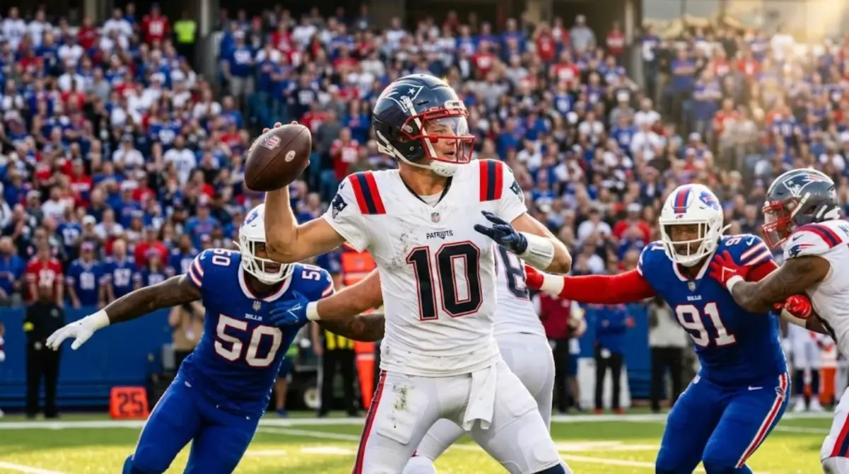 Buffalo Bills vs New England Patriots match player stats featured image showing Patriots QB Drake Maye throwing under pressure at Highmark Stadium
